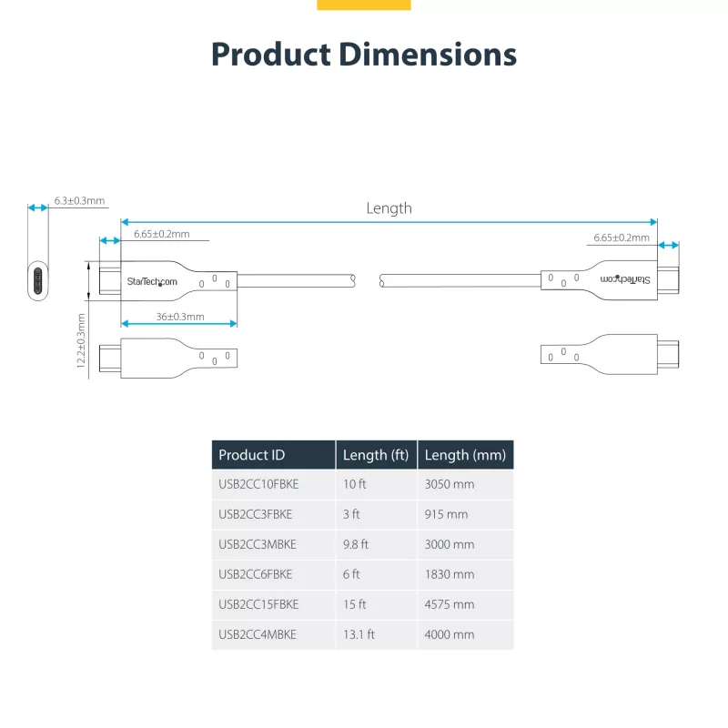 StarTech.com Cable de carga USB-C de 3 m (9.8 ft), cable USB-C, cable de carga para portátil USB 2.0 Type-C, 60W 3A Power Delivery, funda de TPE, cable de transferencia de datos USB-C, M/M