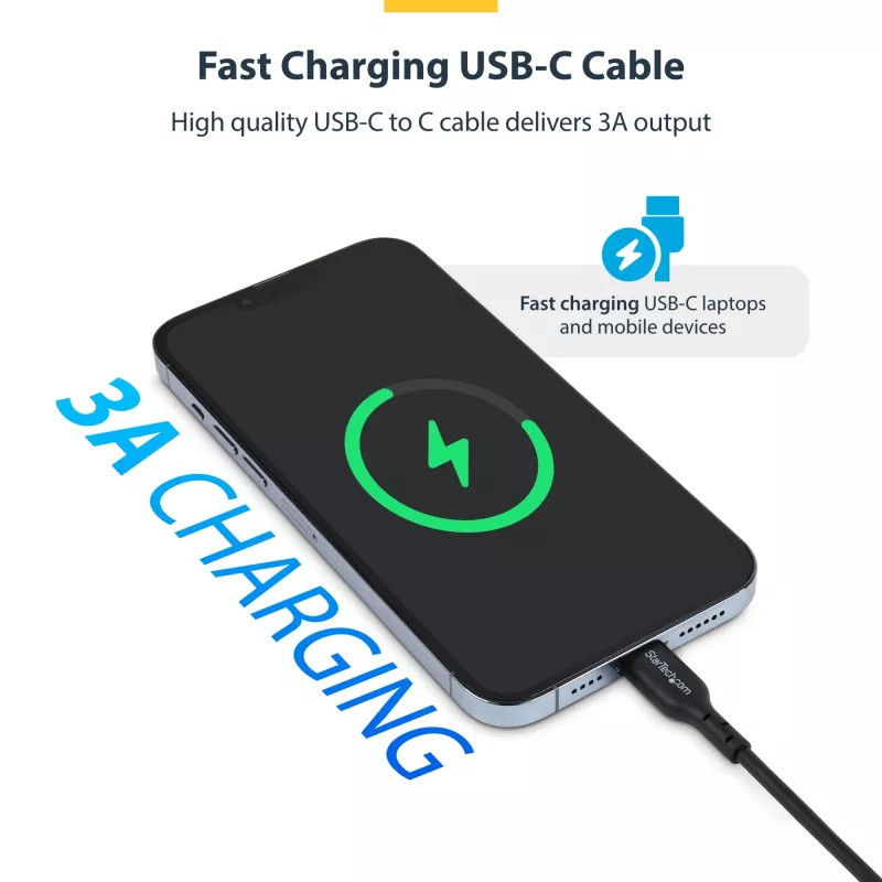 StarTech.com Cable de carga USB-C de 3 m (9.8 ft), cable USB-C, cable de carga para portátil USB 2.0 Type-C, 60W 3A Power Delivery, funda de TPE, cable de transferencia de datos USB-C, M/M