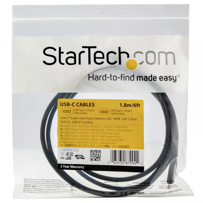StarTech.com Cable USB-C a USB-C de 1,8 m – 5 A, 100 W PD 3.0 – Certificado para Chromebook – Certificado USB-IF – M/M – USB 3.0 5 Gbit/s – Cable de carga USB-C – Cable USB Type-C
