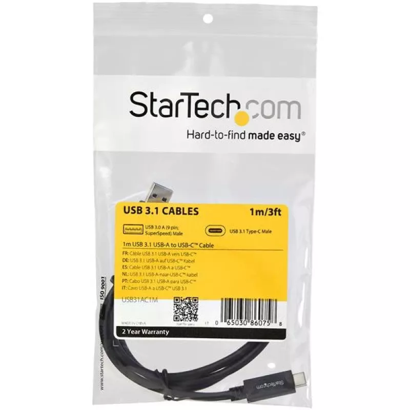 StarTech.com USB31AC1M cable de USB-A a USB-C, macho/macho, USB 3.1, 10 Gbps, 1 m (3 ft), negro