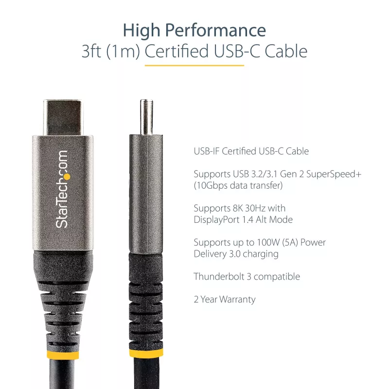 StarTech.com Cable USB-C de 3ft (1m) 10 Gbit/s – Cable USB-C certificado por USB-IF – Cable USB 3.1 Type-C – Carga Power Delivery de 100W (5A), DP Alt Mode – Cable USB-C a C – Carga y sincronización