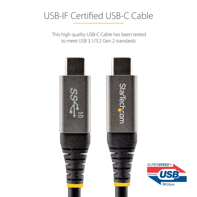 StarTech.com Cable USB-C de 3ft (1m) 10 Gbit/s – Cable USB-C certificado por USB-IF – Cable USB 3.1 Type-C – Carga Power Delivery de 100W (5A), DP Alt Mode – Cable USB-C a C – Carga y sincronización