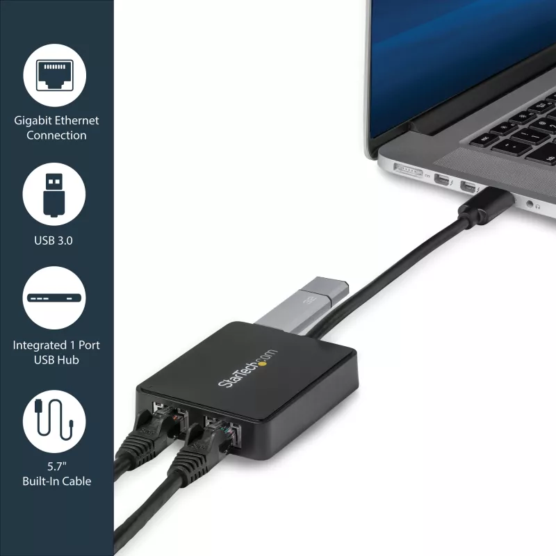 StarTech.com Adaptador de red USB 3.0 a Gigabit Ethernet de doble puerto con puerto USB