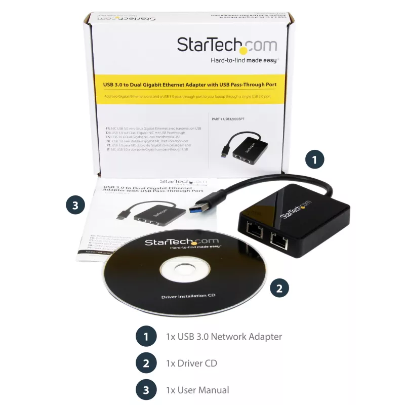 StarTech.com Adaptador de red USB 3.0 a Gigabit Ethernet de doble puerto con puerto USB