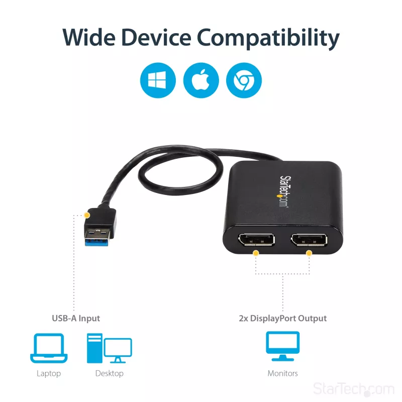 StarTech.com Adaptador USB 3.0 a doble DisplayPort – 4K 60 Hz, 3.2 Gen 1 (3.1 Gen 1), USB Type-A, salida DisplayPort, 4096 x 2160 píxeles