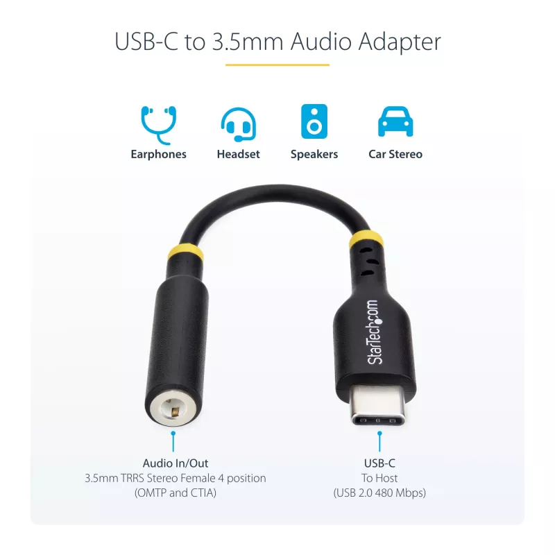 StarTech.com USBCAUDIO2 adaptador de audio de USB-C a 3,5 mm TRRS para auriculares/auriculares con micrófono, DAC de 32 bits, compatible con Thunderbolt, 12,7 cm, negro