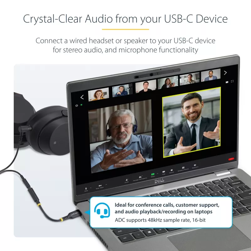 StarTech.com USBCAUDIO2 adaptador de audio de USB-C a 3,5 mm TRRS para auriculares/auriculares con micrófono, DAC de 32 bits, compatible con Thunderbolt, 12,7 cm, negro