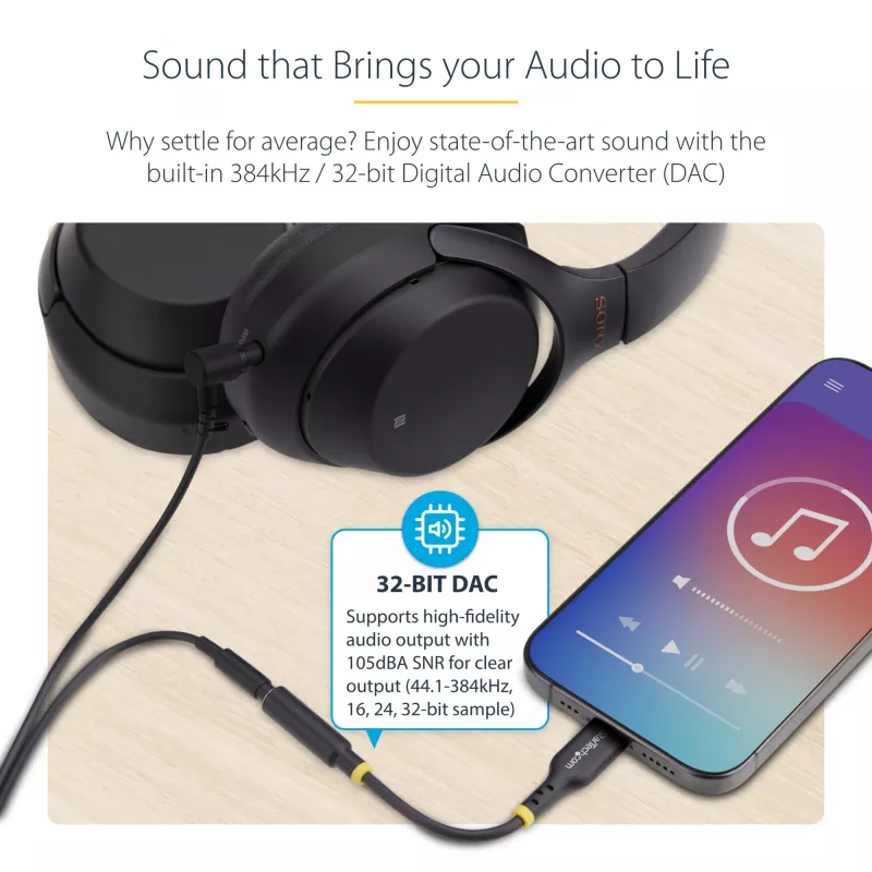 StarTech.com USBCAUDIO2 adaptador de audio de USB-C a 3,5 mm TRRS para auriculares/auriculares con micrófono, DAC de 32 bits, compatible con Thunderbolt, 12,7 cm, negro