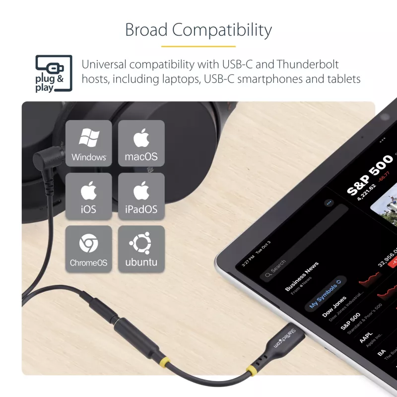 StarTech.com USBCAUDIO2 adaptador de audio de USB-C a 3,5 mm TRRS para auriculares/auriculares con micrófono, DAC de 32 bits, compatible con Thunderbolt, 12,7 cm, negro