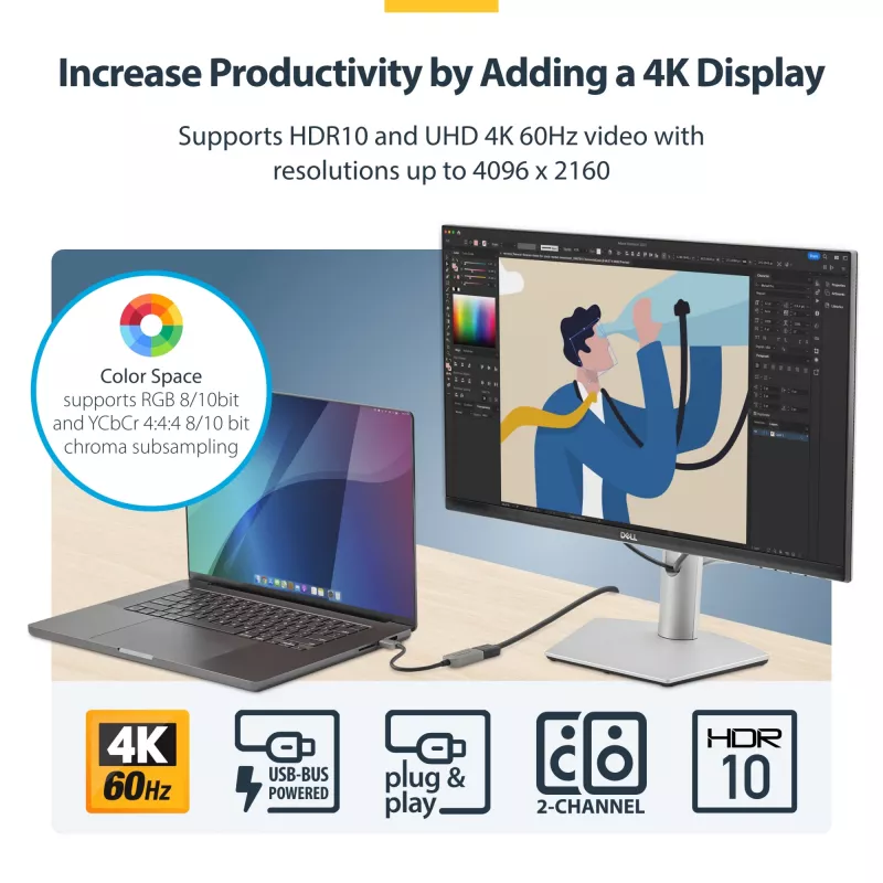 StarTech.com Adaptador USB-C a HDMI, vídeo 4K 60 Hz, HDR10, dongle USB-C a monitor HDMI, compatible con USB4 / Thunderbolt