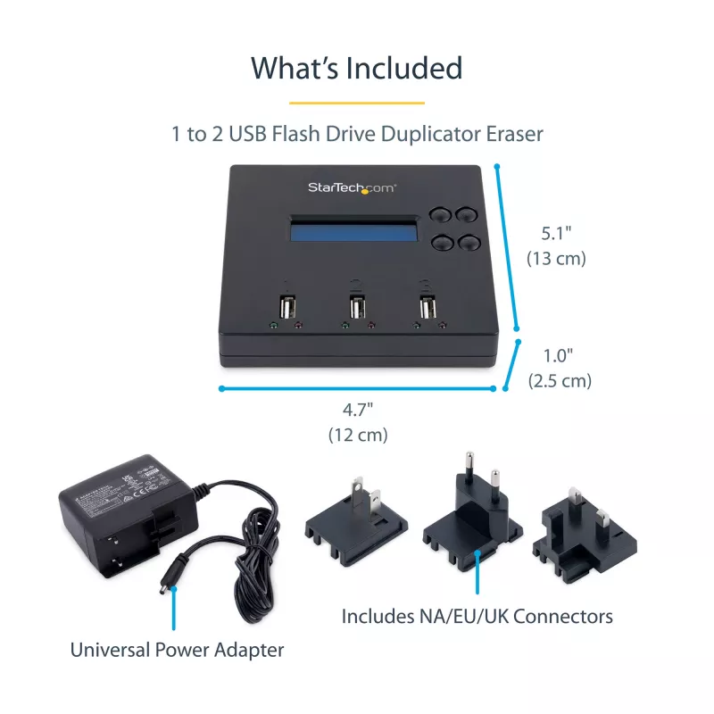 StarTech.com Duplicador y borrador de memorias USB independiente de 1 a 2, copiador de unidades flash USB múltiples, copia de sistema y archivos y de unidad completa a 1,5 GB/min, borrado simple y de 3 pasadas, pantalla LCD – TAA