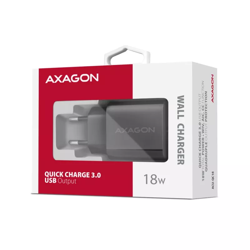 Axagon ACU-QC18 QC 3.0 1× SALIDA Cargador de pared 18W, Interior, AC, Negro