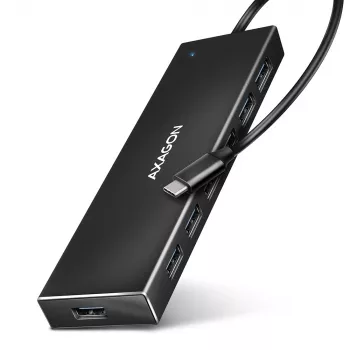 Axagon HUE-F7C 7x USB 3.2 Gen 1 ALU plano Hub entrada micro de alimentación 30cm USB-C USB 3.2 Gen 1 (3.1 Gen 1) Type-A 5000 Mbit/s Negro