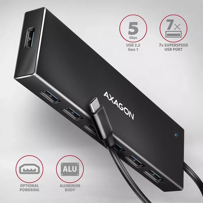 Axagon HUE-F7C hub de carga plano de aluminio USB 3.2 Gen 1 de 7 puertos, 7x USB-A, cable USB-C de 30 cm, conector de alimentación externa, negro