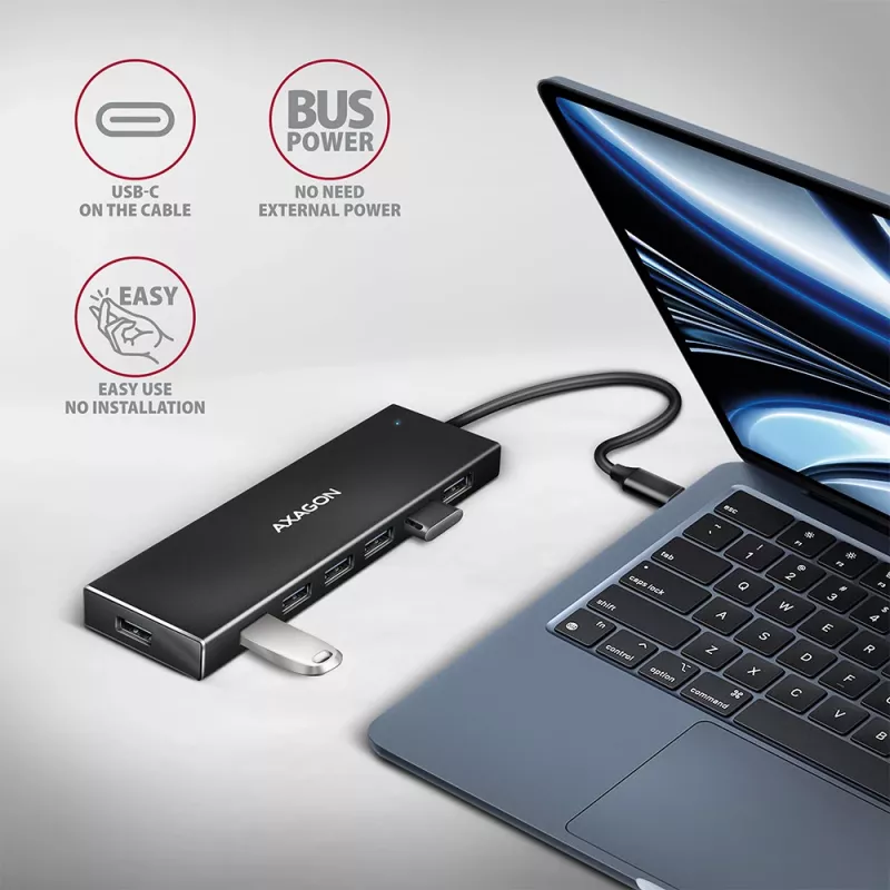 Axagon HUE-F7C hub de carga plano de aluminio USB 3.2 Gen 1 de 7 puertos, 7x USB-A, cable USB-C de 30 cm, conector de alimentación externa, negro