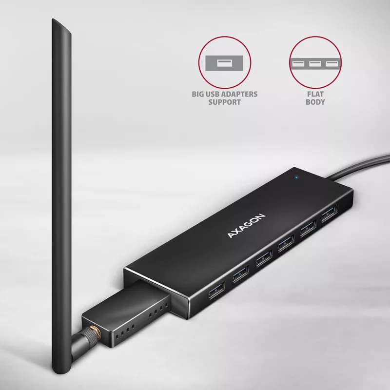 Axagon HUE-F7C hub de carga plano de aluminio USB 3.2 Gen 1 de 7 puertos, 7x USB-A, cable USB-C de 30 cm, conector de alimentación externa, negro