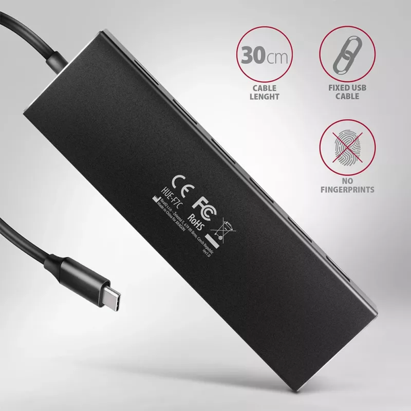 Axagon HUE-F7C hub de carga plano de aluminio USB 3.2 Gen 1 de 7 puertos, 7x USB-A, cable USB-C de 30 cm, conector de alimentación externa, negro