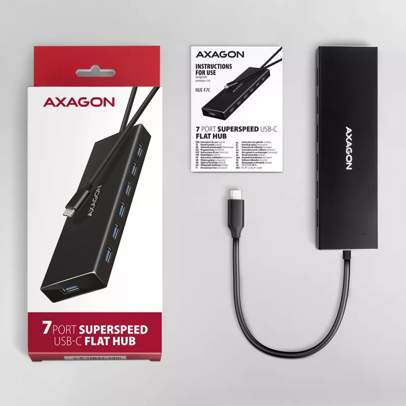 Axagon HUE-F7C hub de carga plano de aluminio USB 3.2 Gen 1 de 7 puertos, 7x USB-A, cable USB-C de 30 cm, conector de alimentación externa, negro