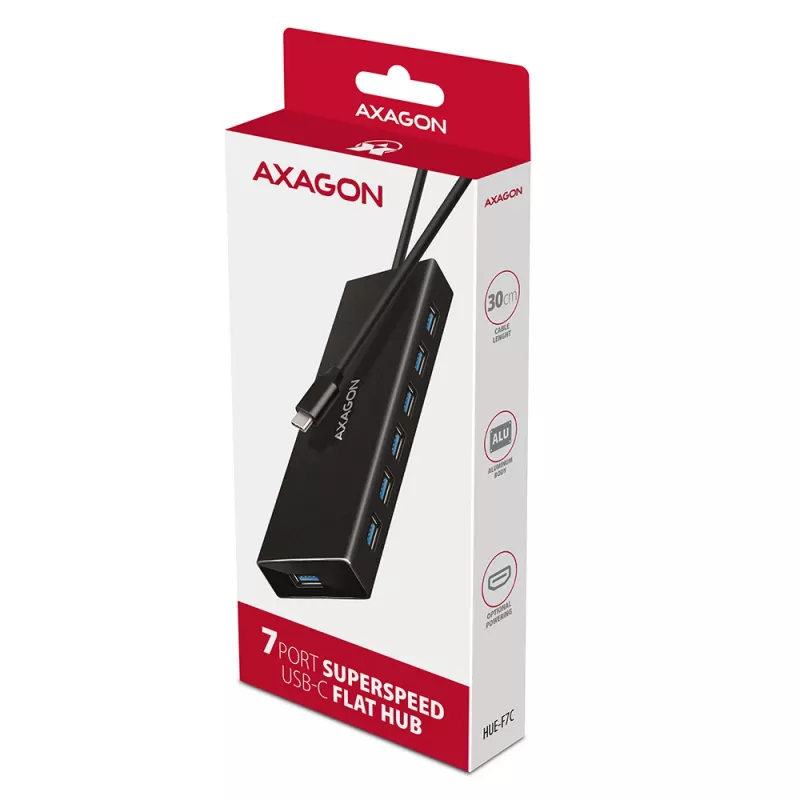 Axagon HUE-F7C hub de carga plano de aluminio USB 3.2 Gen 1 de 7 puertos, 7x USB-A, cable USB-C de 30 cm, conector de alimentación externa, negro