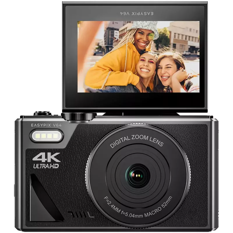 Easypix V64 Flip 20203 cámara digital compacta, 64 MP, vídeo 4K, pantalla abatible de 3 pulgadas, zoom digital 18x, WiFi