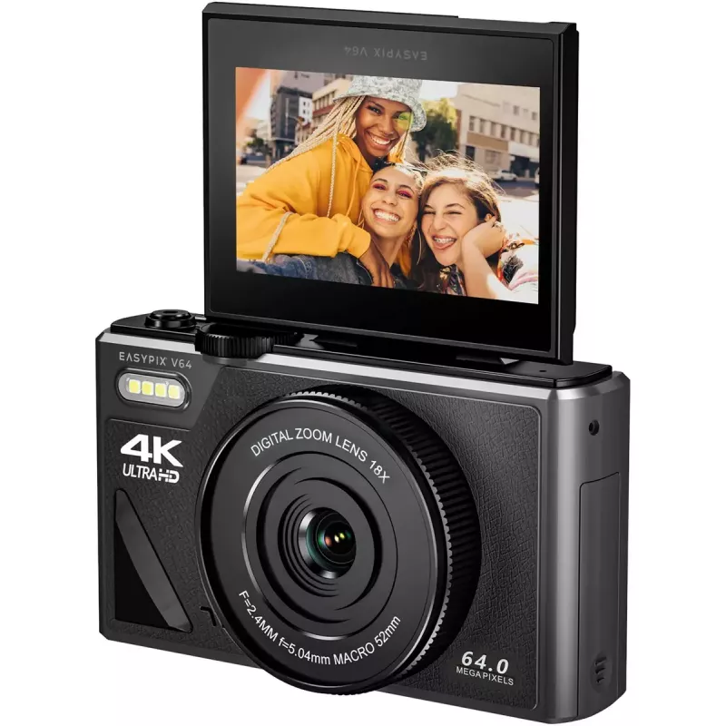 Easypix V64 Flip 20203 cámara digital compacta, 64 MP, vídeo 4K, pantalla abatible de 3 pulgadas, zoom digital 18x, WiFi