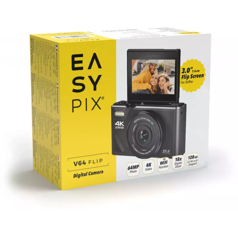 Easypix V64 Flip 20203 cámara digital compacta, 64 MP, vídeo 4K, pantalla abatible de 3 pulgadas, zoom digital 18x, WiFi