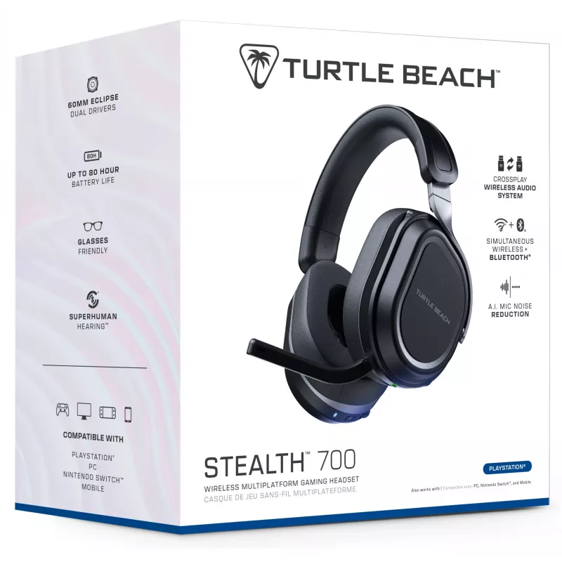 Turtle Beach Stealth 700 negro PlayStation auricular gaming inalámbrico con hasta 80 horas de autonomía, Bluetooth, doble transmisor y drivers de 60 mm para PS5, PS4, PC y dispositivos móviles