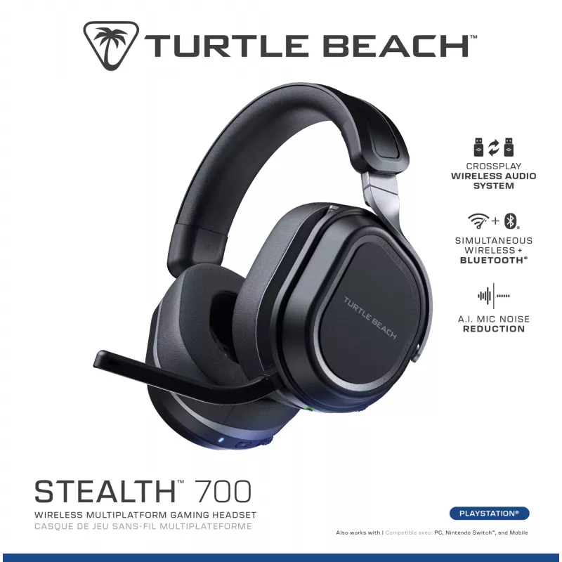 Turtle Beach Stealth 700 negro PlayStation auricular gaming inalámbrico con hasta 80 horas de autonomía, Bluetooth, doble transmisor y drivers de 60 mm para PS5, PS4, PC y dispositivos móviles