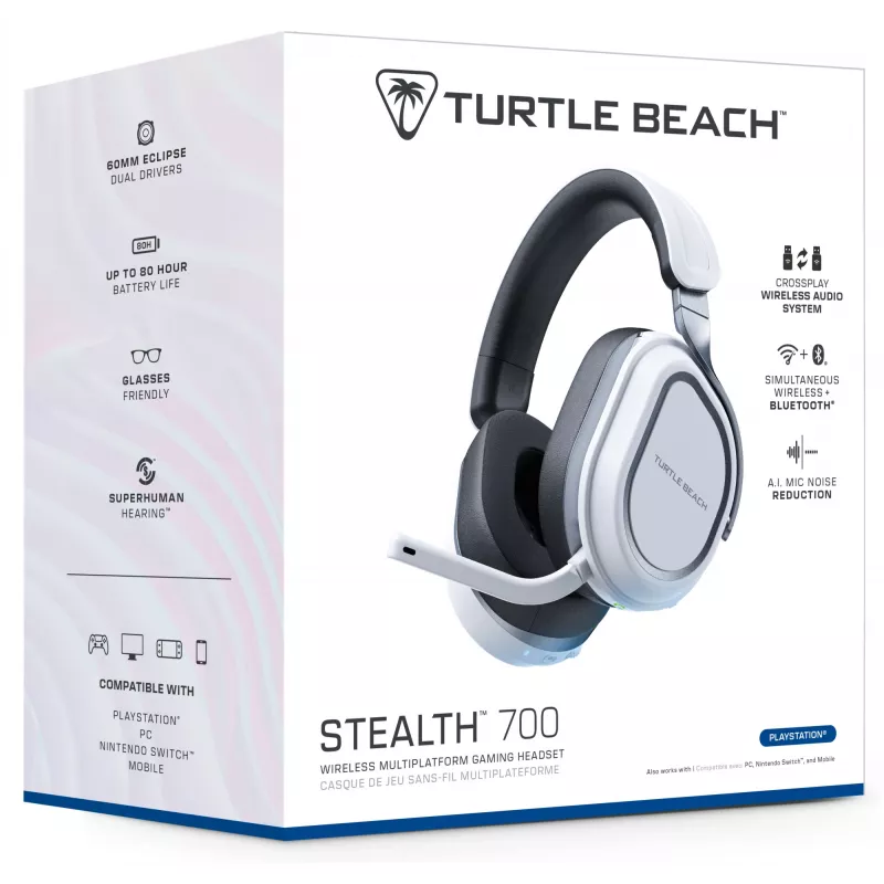 Turtle Beach Stealth 700 blanco PlayStation auricular gaming inalámbrico con hasta 80 horas de batería, Bluetooth, dos transmisores y altavoces de 60 mm para PS5, PS4, PC y dispositivos móviles