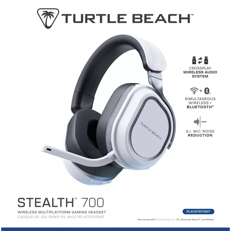Turtle Beach Stealth 700 blanco PlayStation auricular gaming inalámbrico con hasta 80 horas de batería, Bluetooth, dos transmisores y altavoces de 60 mm para PS5, PS4, PC y dispositivos móviles