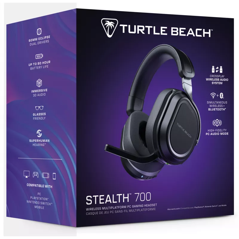 Turtle Beach Stealth 700 negro auricular gaming inalámbrico para PC con hasta 80 horas de autonomía, Bluetooth, dos transmisores y altavoces de 60 mm para PC, PS5, PS4 y dispositivos móviles