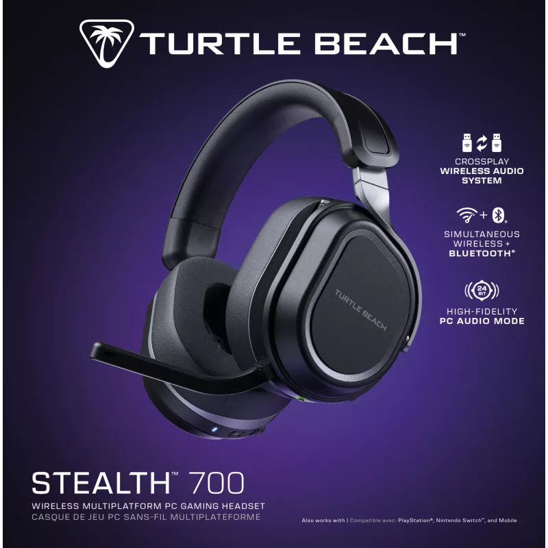Turtle Beach Stealth 700 negro auricular gaming inalámbrico para PC con hasta 80 horas de autonomía, Bluetooth, dos transmisores y altavoces de 60 mm para PC, PS5, PS4 y dispositivos móviles