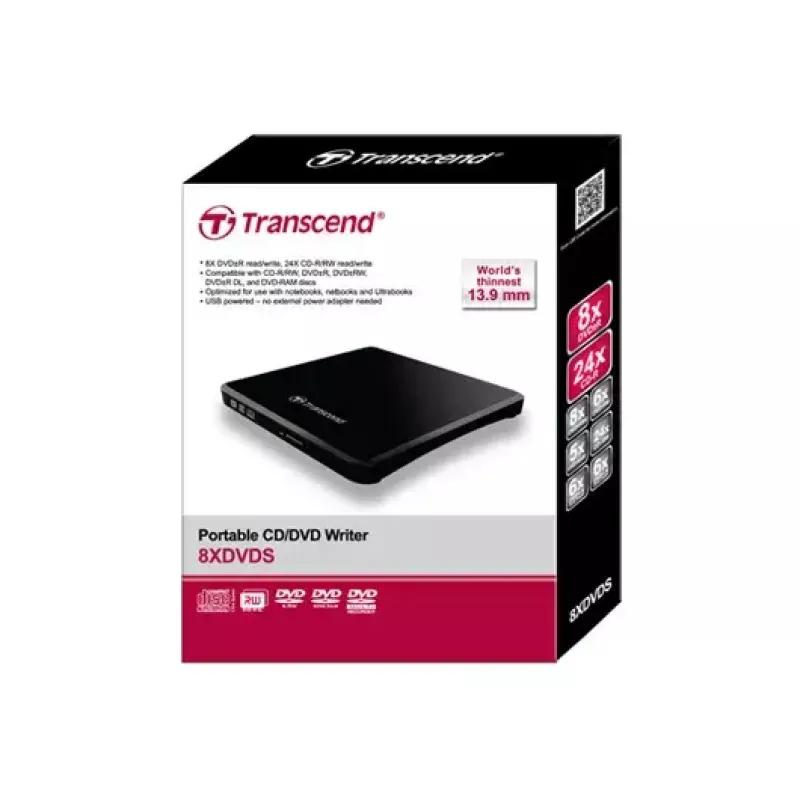 Grabadora de DVD portátil Transcend TS8XDVDS-K, USB 2.0, Negra