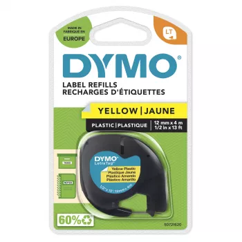 Etiquetas de plástico DYMO LetraTag para marca | Rollo de 12 mm x 4 m | Impresión negra sobre amarillo | Etiquetas autoadhesivas multiuso para impresoras de etiquetas LetraTag