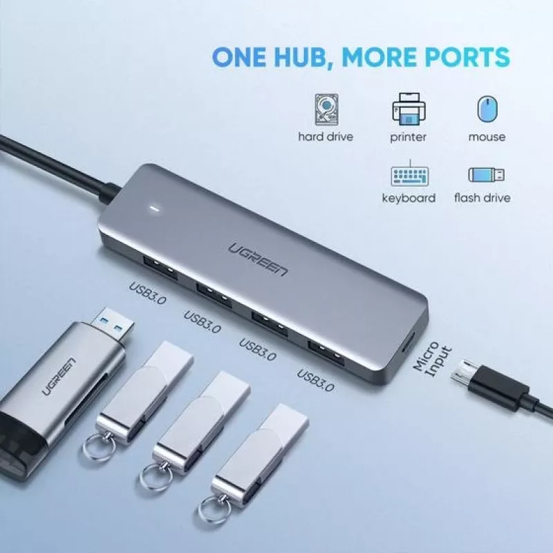UGREEN 70336 (CM219) hub de USB-C a 4x USB 3.0, 5 Gbps, OTG, puerto de alimentación USB-C, cable de 15 cm, gris