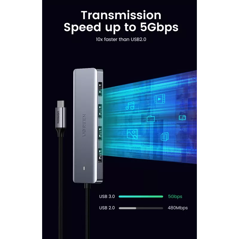 UGREEN 70336 (CM219) hub de USB-C a 4x USB 3.0, 5 Gbps, OTG, puerto de alimentación USB-C, cable de 15 cm, gris