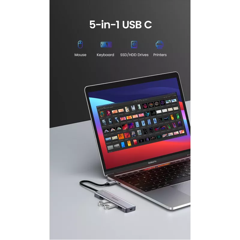 UGREEN 70336 (CM219) hub de USB-C a 4x USB 3.0, 5 Gbps, OTG, puerto de alimentación USB-C, cable de 15 cm, gris