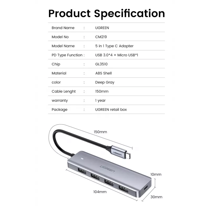 UGREEN 70336 (CM219) hub de USB-C a 4x USB 3.0, 5 Gbps, OTG, puerto de alimentación USB-C, cable de 15 cm, gris