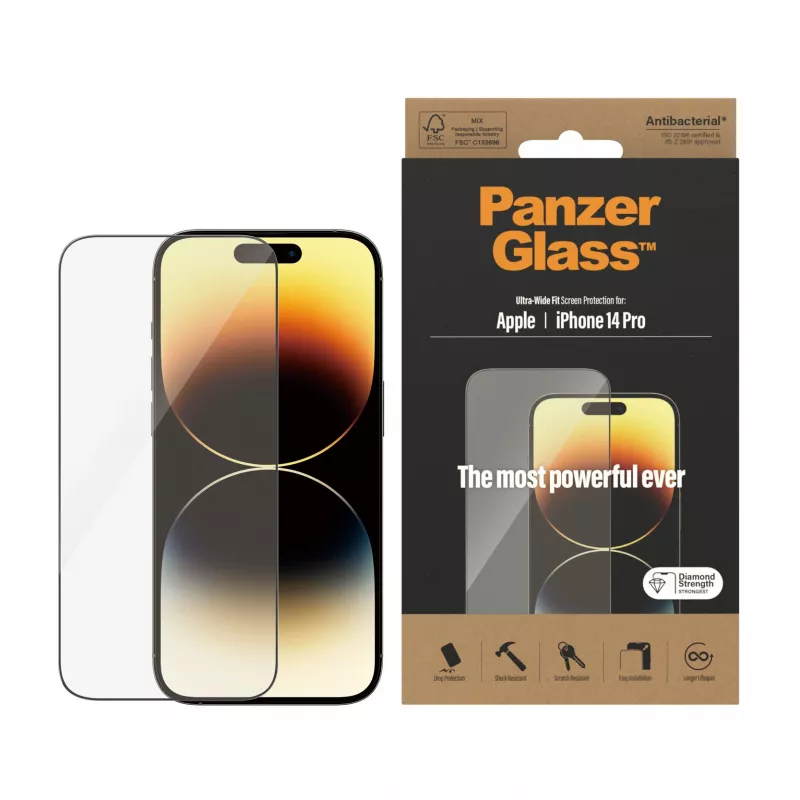 Protector de pantalla PanzerGlass para Apple iPhone 14 Pro ajuste ultra gran angular resistente a rayaduras y golpes