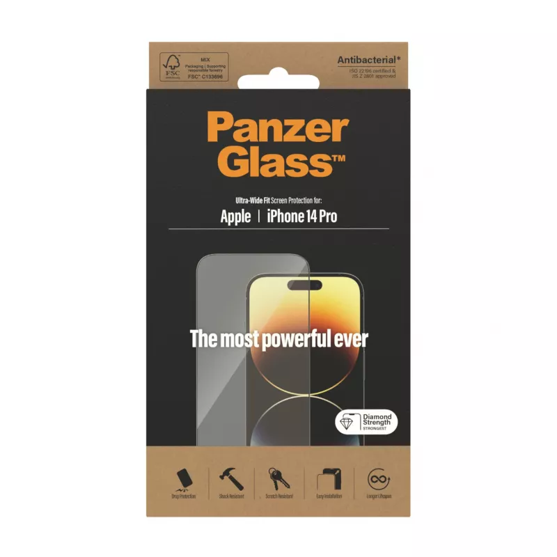 Protector de pantalla PanzerGlass para Apple iPhone 14 Pro ajuste ultra gran angular resistente a rayaduras y golpes
