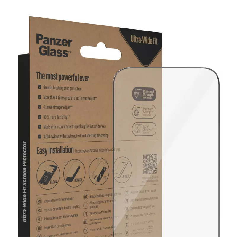 Protector de pantalla PanzerGlass para Apple iPhone 14 Pro ajuste ultra gran angular resistente a rayaduras y golpes