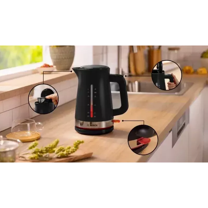 Hervidor Bosch TWK4M223 1,7 l, 2400 W, negro, inalámbrico, resistencia oculta
