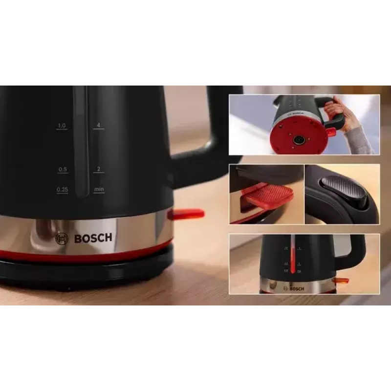 Hervidor Bosch TWK4M223 1,7 l, 2400 W, negro, inalámbrico, resistencia oculta