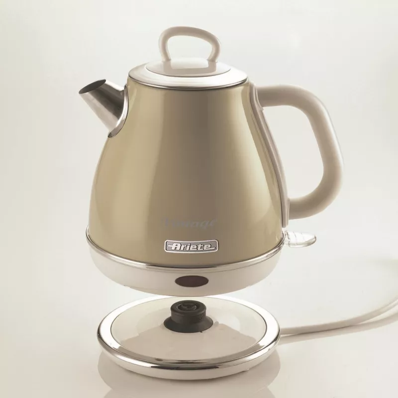 Ariete 2868 Vintage hervidor eléctrico de diseño de acero inoxidable 1 L para infusiones, té e infusiones de hierbas, sistema de apagado automático, asa ergonómica, 1 litro, 1600 W, beige claro