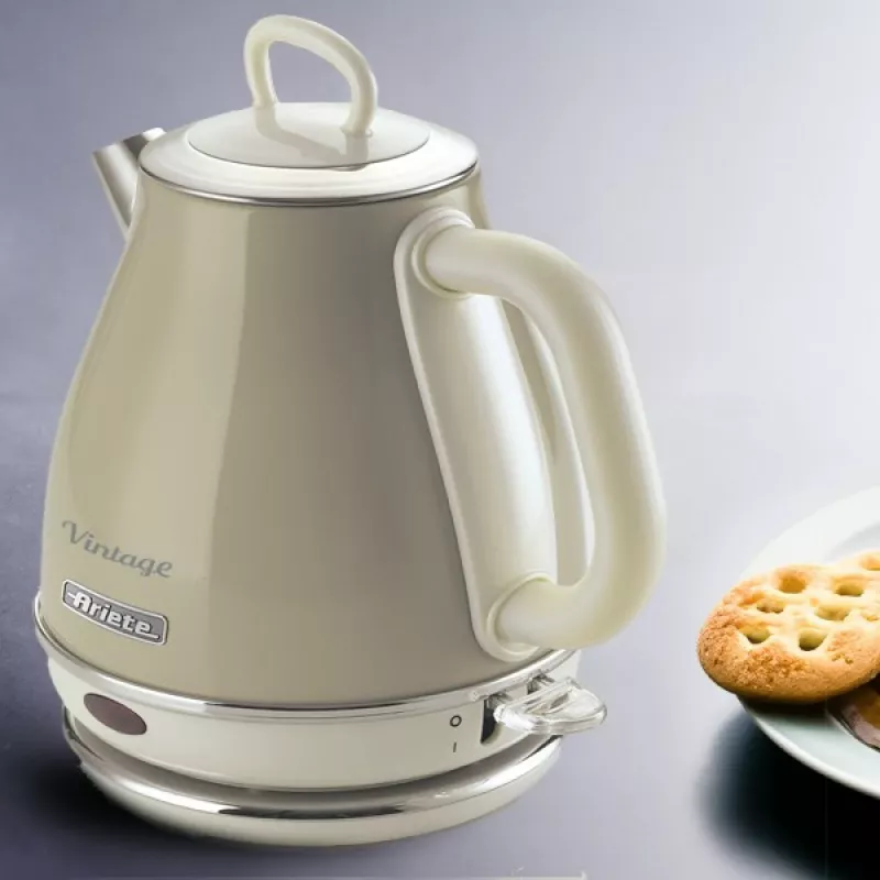 Ariete 2868 Vintage hervidor eléctrico de diseño de acero inoxidable 1 L para infusiones, té e infusiones de hierbas, sistema de apagado automático, asa ergonómica, 1 litro, 1600 W, beige claro