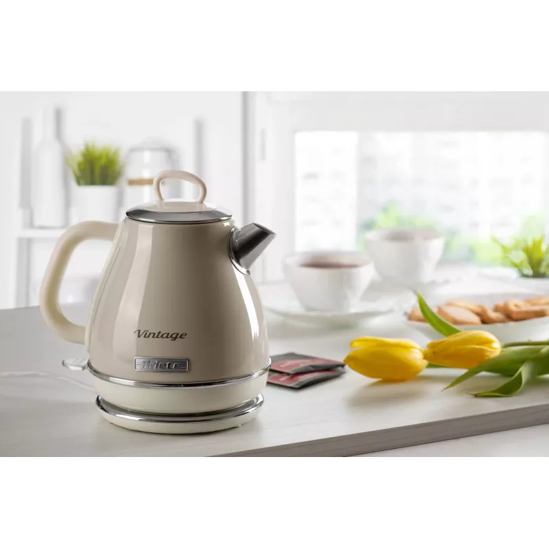 Ariete 2868 Vintage hervidor eléctrico de diseño de acero inoxidable 1 L para infusiones, té e infusiones de hierbas, sistema de apagado automático, asa ergonómica, 1 litro, 1600 W, beige claro