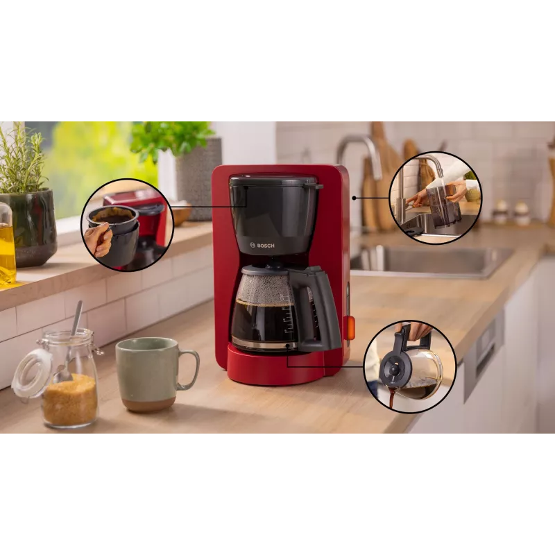 Cafetera de filtro Bosch TKA3M134 — depósito de agua de 1,4 l, capacidad para 15 tazas, roja