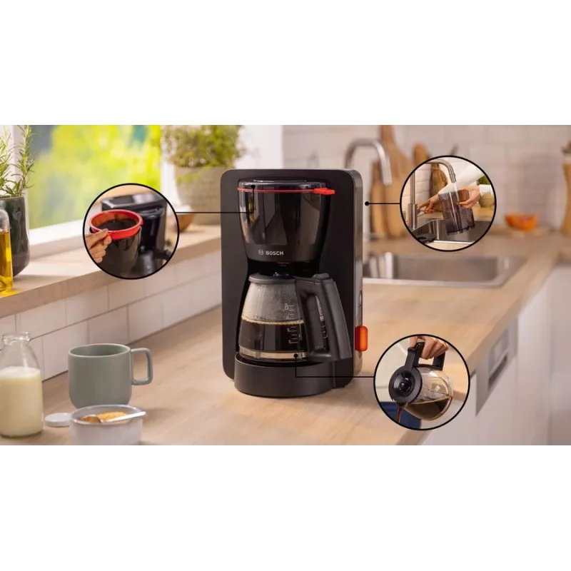 Cafetera de filtro Bosch TKA3M133, depósito de agua de 1,4 l, capacidad para 15 tazas, negra