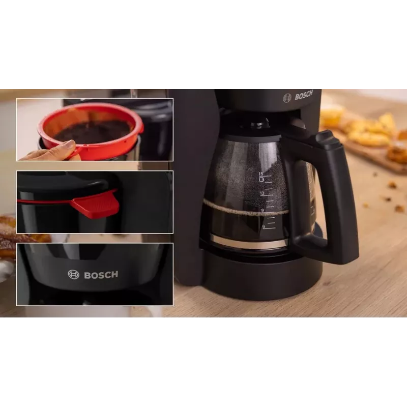 Cafetera de filtro Bosch TKA3M133, depósito de agua de 1,4 l, capacidad para 15 tazas, negra