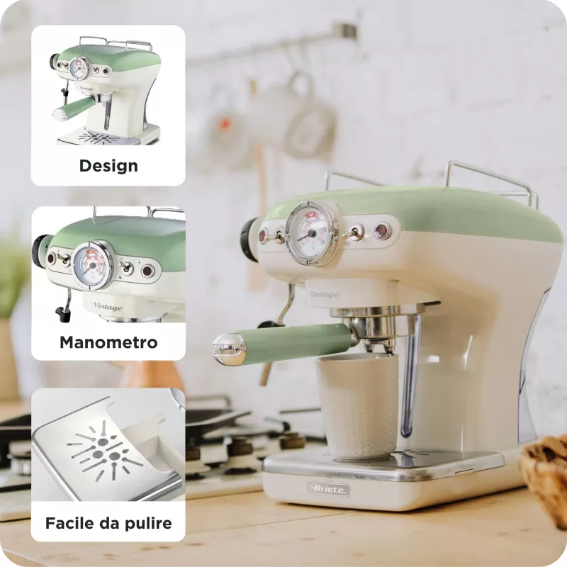 Ariete 1389 cafetera espresso Vintage - cafetera espresso para café molido o cápsulas ESE, en color verde pastel